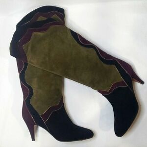 NWT GRAZIA Suede Patchwork Kitten Heel Slouchy Tall Boots Made in Spain